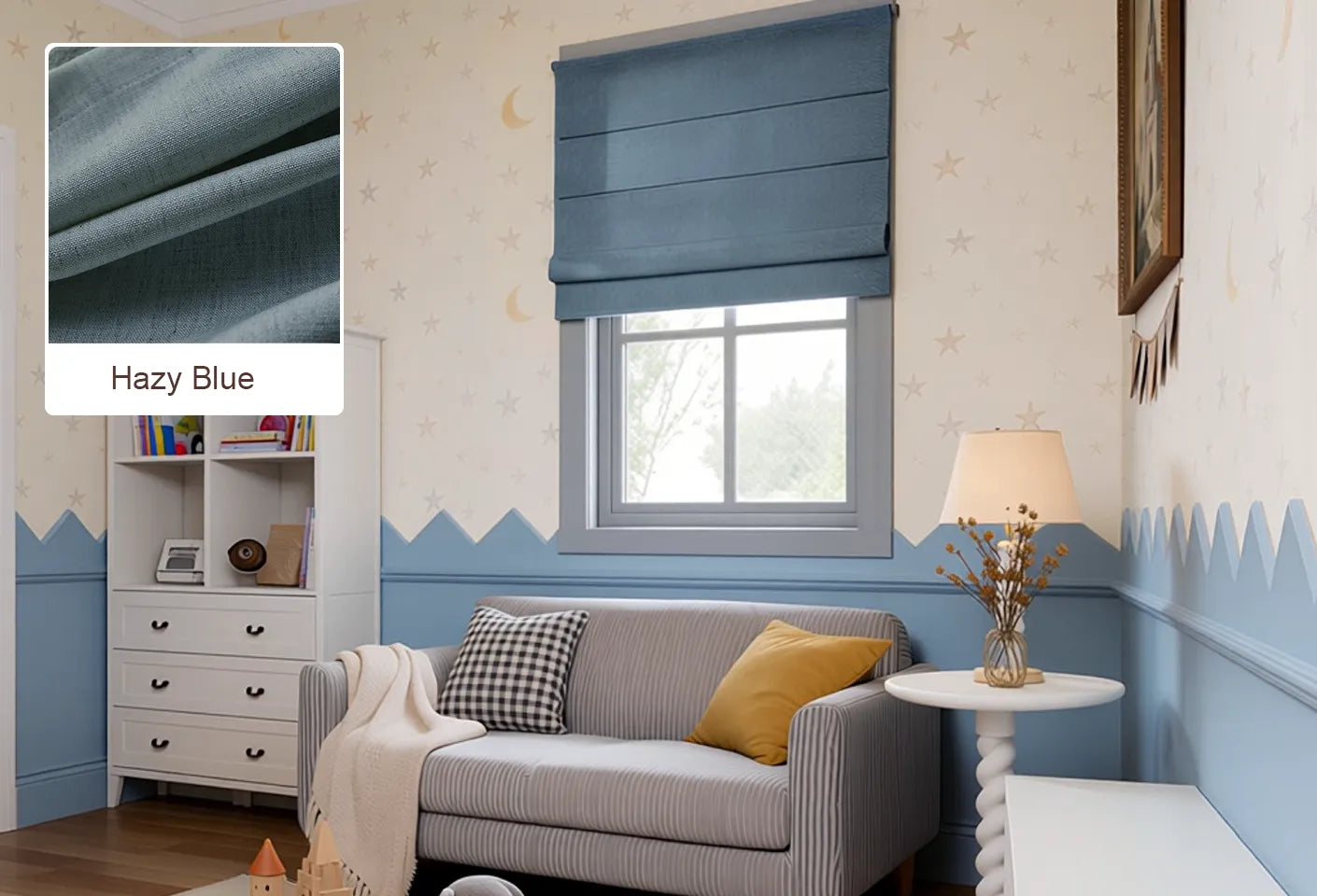 Hazy Blue Jasper Roman shade fabric