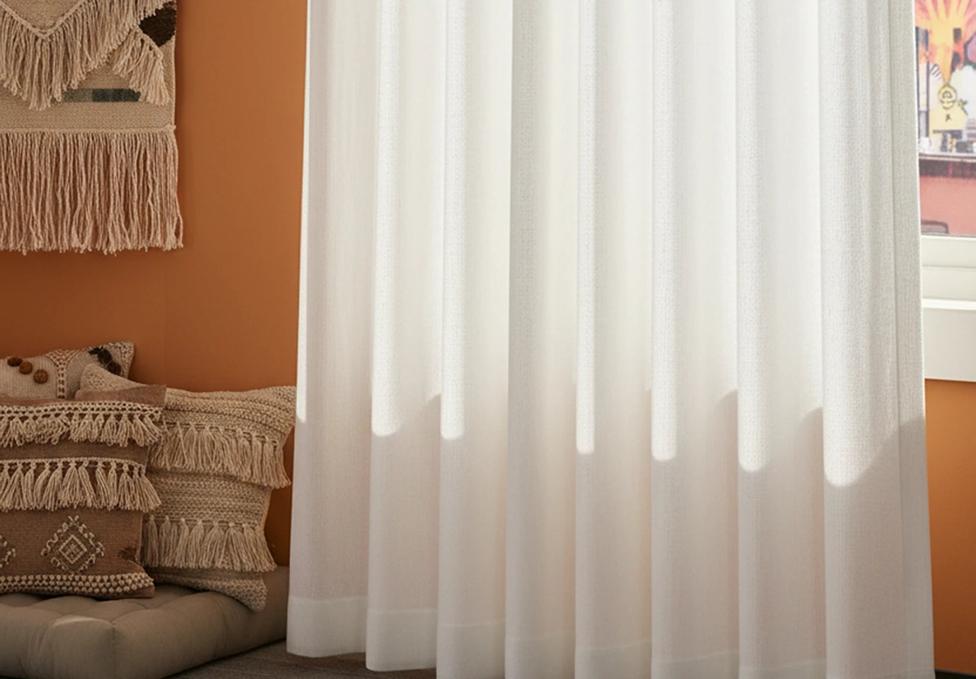 Lucas cotton-look curtain fabric in a softly styled room
