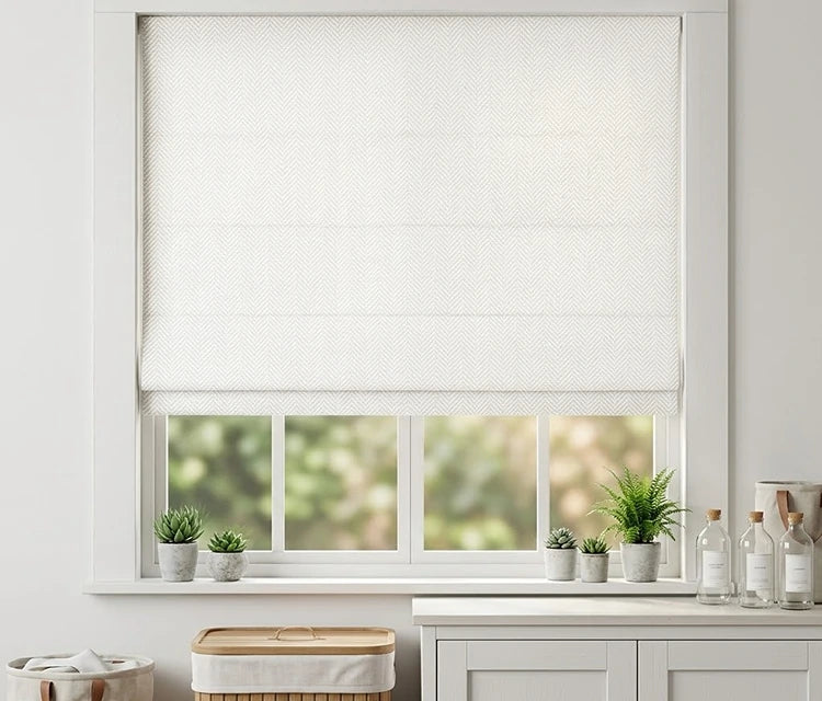 Orion blackout Roman shades in a softly styled neutral room