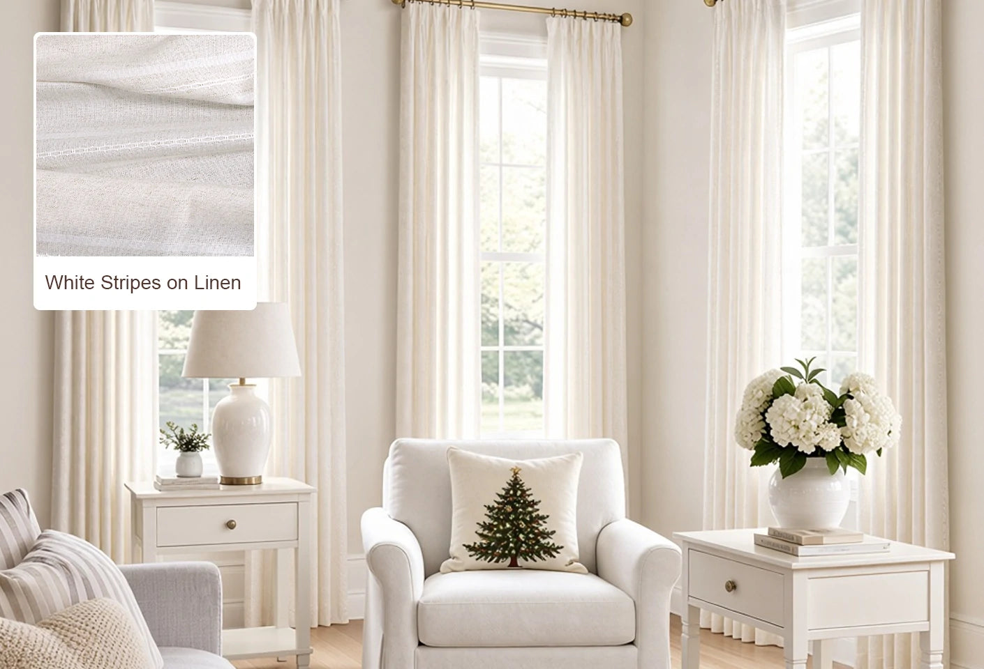 White Stripes on Linen Ocean curtain fabric