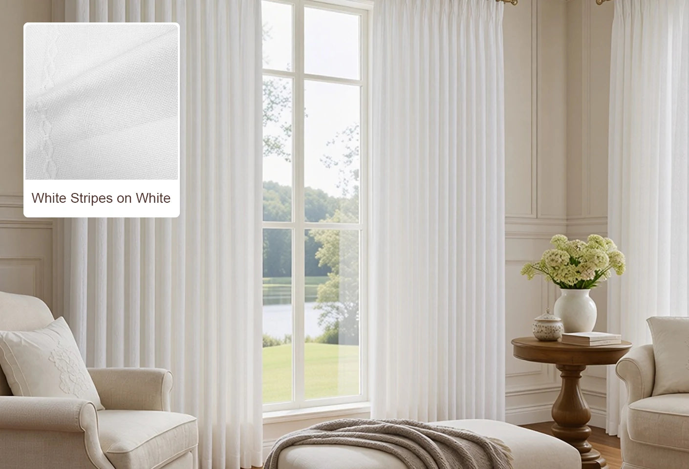 White Stripes on White Ocean curtain fabric