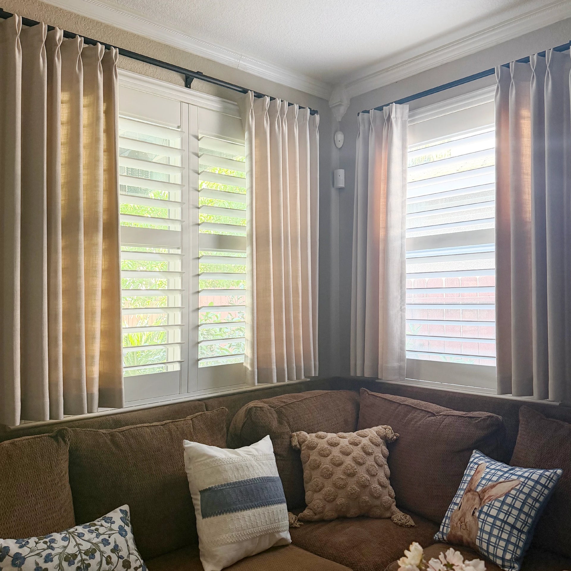 Close-up of a textured plaid curtain